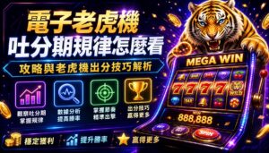 Bright neon casino promo banner with a roaring tiger beside a glowing slot machine labeled MEGA WIN and bold Chinese text promoting tips and strategies.